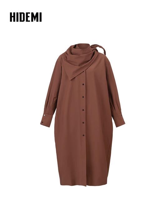 HIDEMI 棕红色廓形衬衫裙附送分体三角巾 商品图4