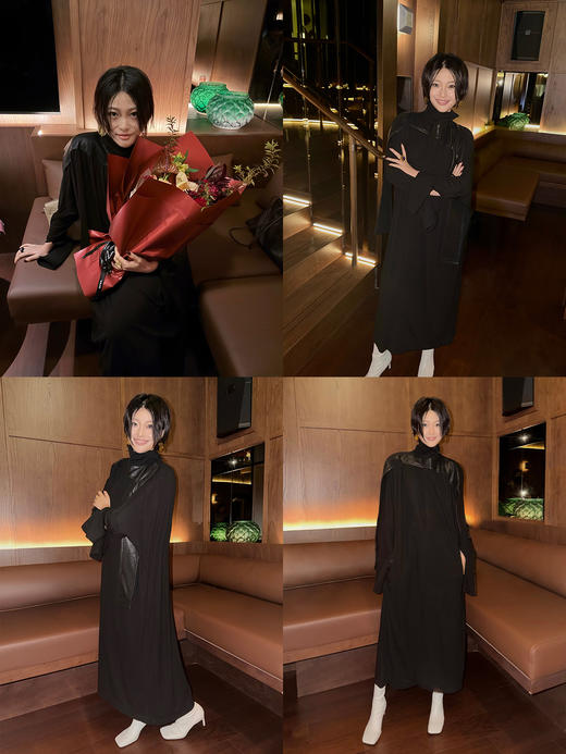 HIDEMI 大秀款设计感极简小立领皮拼接长袖连衣裙长裙 商品图1