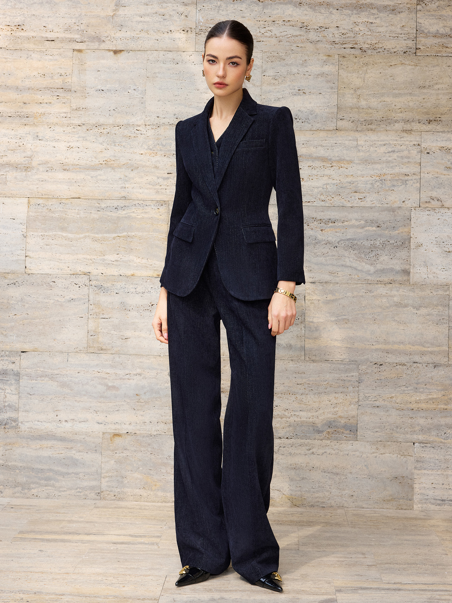 IWY/高级感深蓝色商务风长袖西装套装女新款牛仔肌理感通勤职业装CPM2572