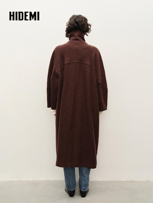 HIDEMI 极简立领大廓形经典落肩粗花呢浮雕澳洲羊毛厚款纽扣式长款口袋大衣 商品图2