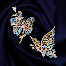 奢华重工满镶锆石彩宝蝴蝶胸针，高级感轻奢气质秋冬大衣服饰配件LY-M-442