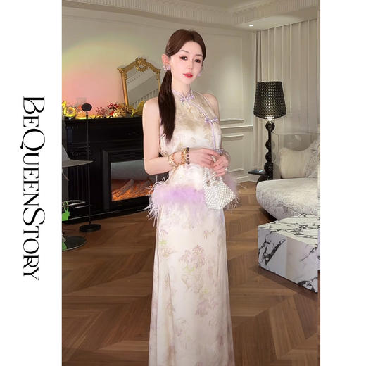 【孤品样衣，不退不换】【葡香月令】国风真丝醋酸山水画提花拼接鸵鸟毛套装 商品图0