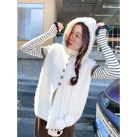 <曾小咸推荐> 韩系白色连帽毛毛马甲外套女外穿冬新款叠穿无袖背心上衣 商品图0