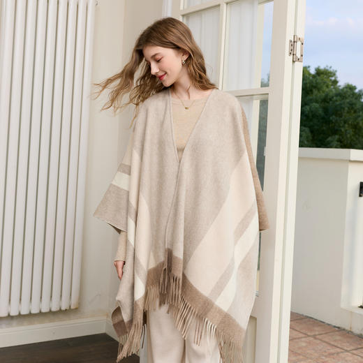 【100%绵羊毛】三彩2026新款老钱风格纹披肩流苏复古氛围感慵懒 商品图4