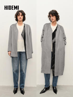 HIDEMI 进口长毛苏力羊驼毛拼皮不对称设计感大衣 长款/中款