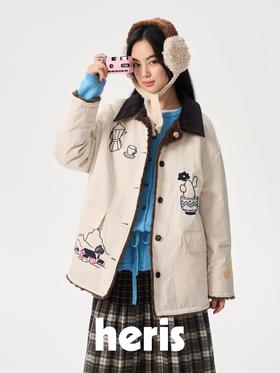 heris/H54106/‘日常收集’刺绣 双面穿羊羔毛内胆 派克棉服
