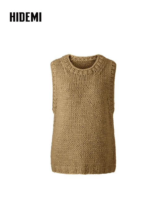 HIDEMI 极简圆领手工棒针粗针绵羊毛混纺加厚款宽松毛织马甲背心 商品图4