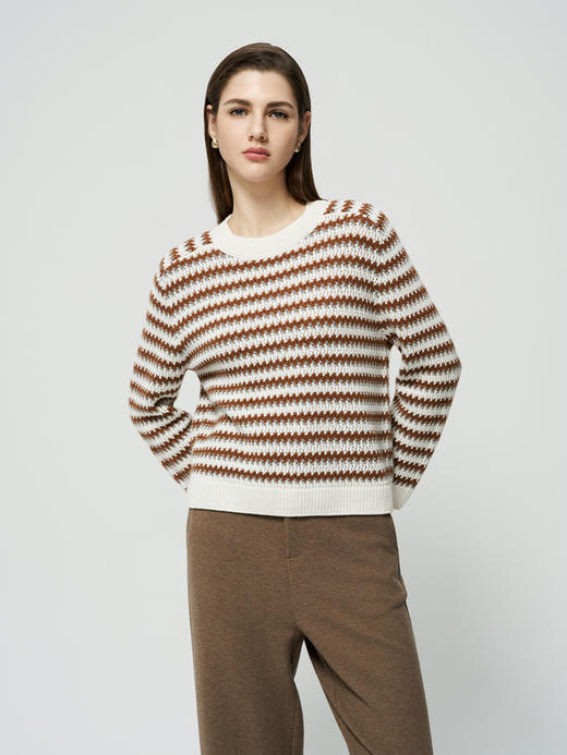 【立体条纹绞花套衫】羊绒世家秋冬新品女士100%山羊绒圆领套头针织衫 商品图0