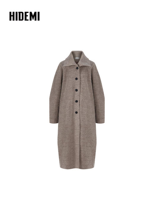 HIDEMI 极简立领大廓形经典落肩粗花呢浮雕澳洲羊毛厚款纽扣式长款口袋大衣 商品图7