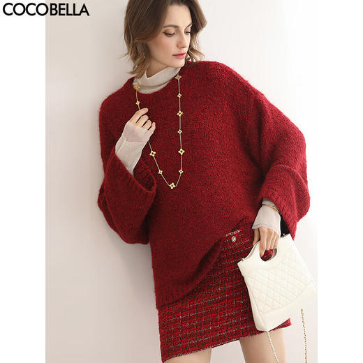 COCOBELLA2025新款樱桃红色中长款厚毛衣女休闲针织衫MZ3226 商品图0