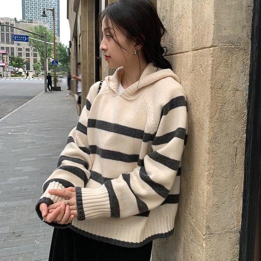 伊泺杉韩系连帽条纹针织套头毛衣 | 柔软舒适有垂感 挺括有型 藏肉显瘦 厚薄适中 商品图0