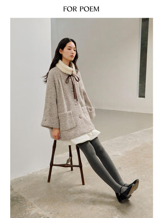 ForPoem 25/FW 原创设计羊毛人字纹可拆卸羊驼毛领系带斗篷大衣外套 商品图1