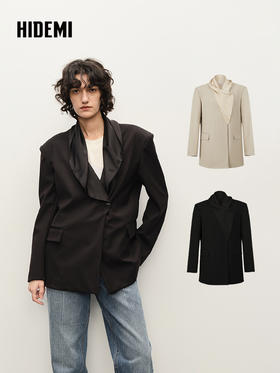 HIDEMI丝巾拼接极简廓形西装  黑色