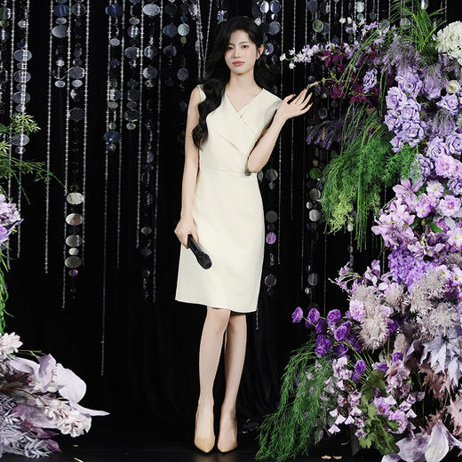 法小曼*子珍专款/米白色礼服无袖连衣裙主持销售气质显瘦温柔无袖Q15206 商品图2
