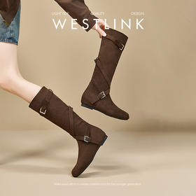 西遇内增高长筒靴女新款秋冬巨好看褶皱堆堆靴不过膝高筒长靴K2357308