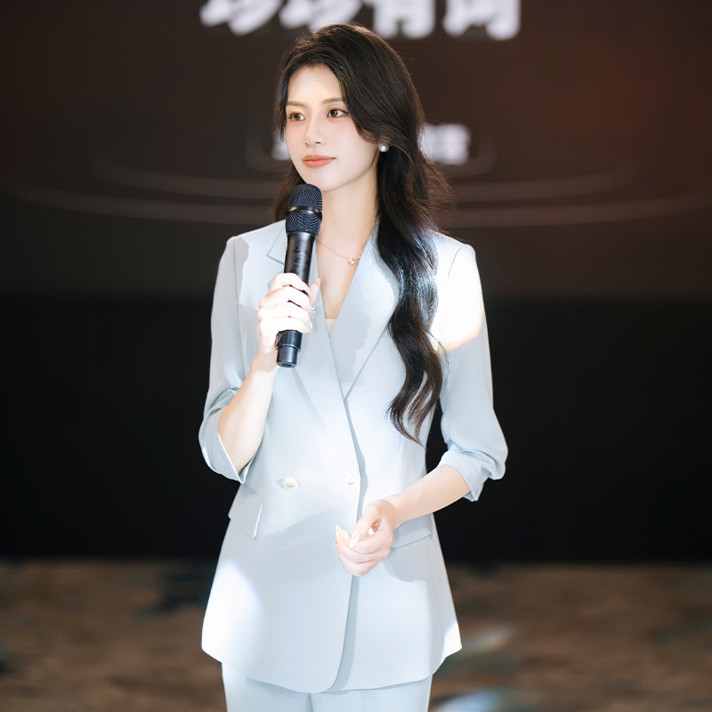 法小曼*子珍专款/春夏新款时尚蓝色七分袖修身职业西服阔腿裤套装女名媛OLC14234