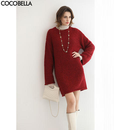 COCOBELLA樱桃红厚毛衣裙女秋冬中长款圆领针织连衣裙MZ3283 商品图0