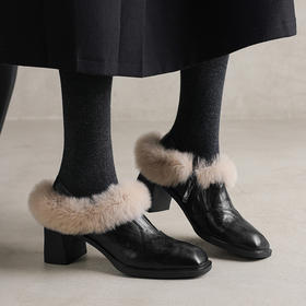 【预售5天】学院风配裙子加绒毛毛鞋保暖方头侧拉链深口单鞋粗跟高跟鞋YY277