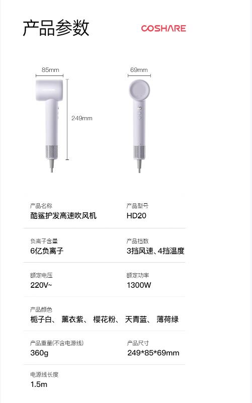 高速吹风机酷鲨护发吹风机大风量11W转高速无刷电机6亿高浓负离子低噪音电吹风多巴胺色系HD20白色 商品图14