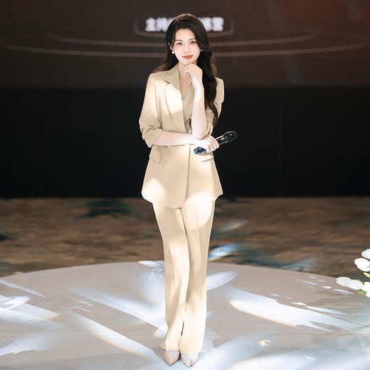 法小曼*子珍专款/春夏新款时尚卡其色七分袖修身职业西服阔腿裤套装女名媛OLC14234 商品图2
