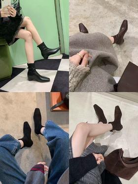 设计感瘦瘦靴！2025新款方头绒面光面后拉链短靴！