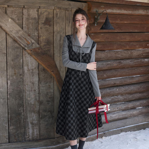 三彩2025冬季新款翻领系带假两件格纹连衣裙收腰A字长裙复古M 商品图1
