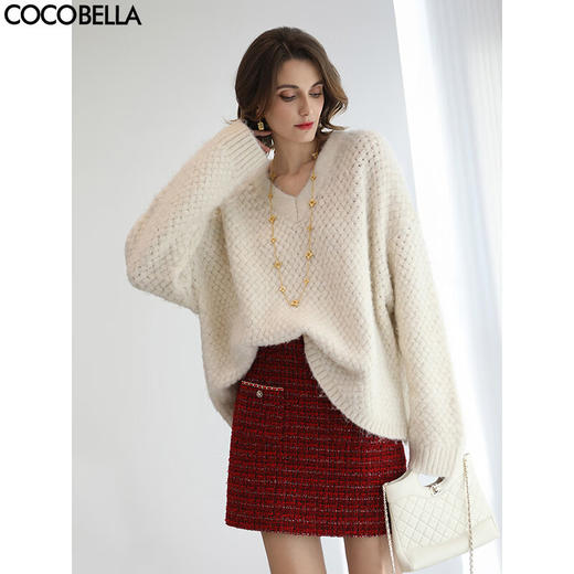 COCOBELLA设计感编织风白色V领毛衣女25秋冬气质针织衫MZ3248 商品图0