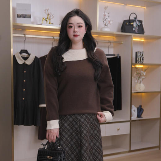 奢姿大码女装2025冬季减龄不规则设计两件套胖妹妹格纹时尚套装9954935237AB 商品图3