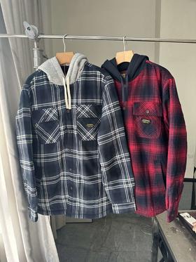 贝壳三 美式学院风加厚格子连帽棉衣男士复古宽松棉服C120308