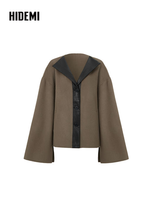 HIDEMI 进口美利奴双面羊毛V领拼皮廓形设计感伞状袖摩卡灰大衣 商品图6