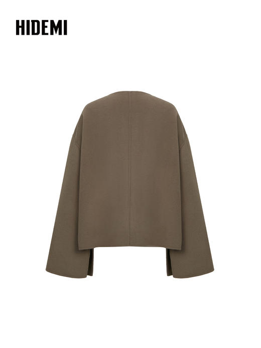 HIDEMI 进口美利奴双面羊毛V领拼皮廓形设计感伞状袖摩卡灰大衣 商品图7