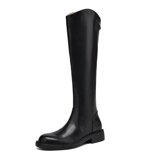 【预售7天】不过膝高筒靴女V口显瘦厚底长筒靴真皮圆头粗跟骑士靴KK9564 商品图3