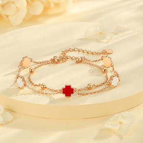 Winy S925 银双生幸运轮手链玫瑰金双层链 白贝母红滴胶四叶草 轻奢显白小众设计女款手饰