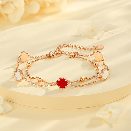 Winy S925 银双生幸运轮手链玫瑰金双层链 白贝母红滴胶四叶草 轻奢显白小众设计女款手饰 商品图0