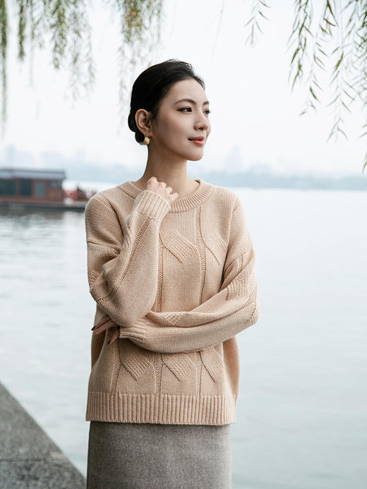 【粗棒针绞花羊绒衫】羊绒世家秋冬新款女士100%山羊绒圆领保暖针织衫 商品图2