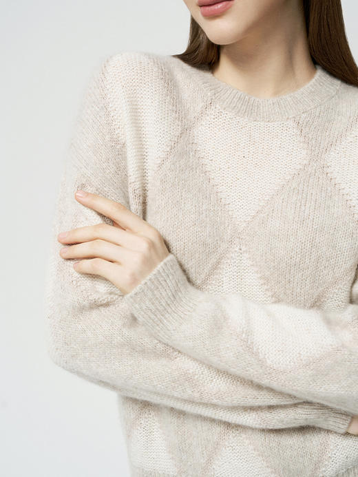 【菱形绞花圆领针织衫】25年秋冬新品女士羊绒+桑蚕丝混纺轻柔针织套衫 商品图1