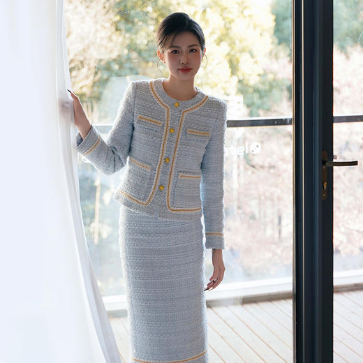 法小曼*子珍专款/淡蓝色职业装套裙小香风外套秋冬千金优雅长裙教师公开课厚款 商品图3