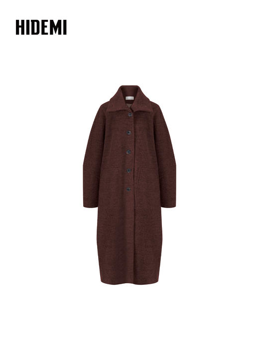 HIDEMI 极简立领大廓形经典落肩粗花呢浮雕澳洲羊毛厚款纽扣式长款口袋大衣 商品图6
