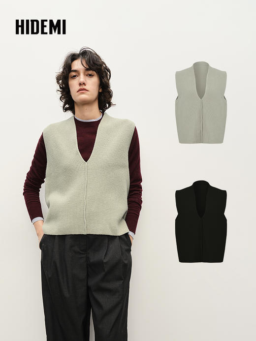 HIDEMI 进口美利奴羊毛系列V领廓形针织马甲毛衣 商品图0