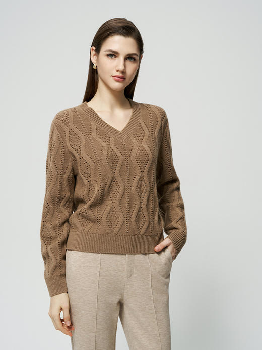 【V领绞花镂空套衫】羊绒世家秋冬新品女士100%山羊绒保暖针织套衫 商品图0