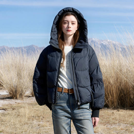 三彩2025冬季新款90白鸭绒羽绒服宽松面包服短款连帽外套M 商品图3