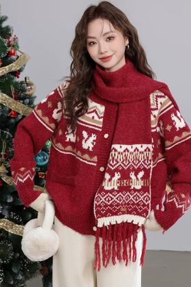 ANSUABEL 圣诞提花针织围巾开衫外套 21917