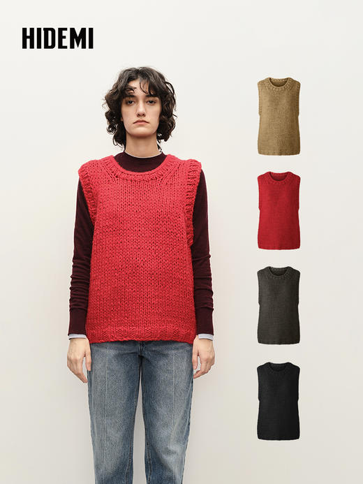 HIDEMI 极简圆领手工棒针粗针绵羊毛混纺加厚款宽松毛织马甲背心 商品图0