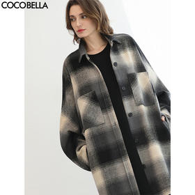 COCOBELLA英伦风格子毛呢外套秋冬中长款翻领呢子大衣WL3223