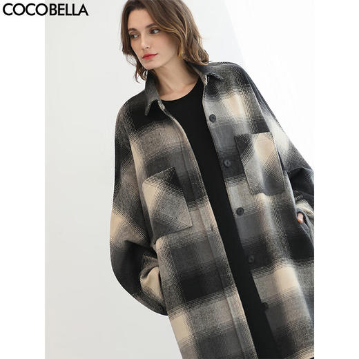 COCOBELLA英伦风格子毛呢外套秋冬中长款翻领呢子大衣WL3223 商品图0