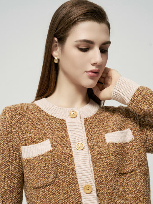 【混色纱小香风开衫】羊绒世家秋冬新品女士100%山羊绒圆领针织开衫外套 商品图0