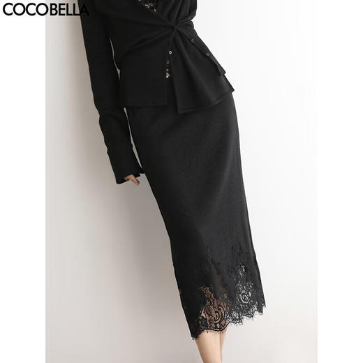 COCOBELLA女人味蕾丝刺绣半身裙秋冬气质直筒针织裙HS3113-2 商品图0