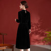 高端真丝丝绒连衣裙，黑色立领刺绣系带桑蚕丝中长裙SM 商品缩略图3