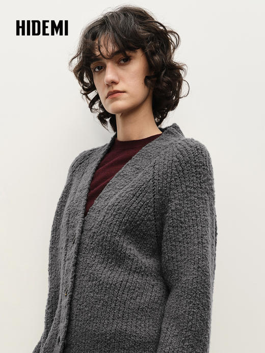 HIDEMI 进口绵羊毛加厚款缩绒v领纽扣式书生开衫毛衣外套 商品图2