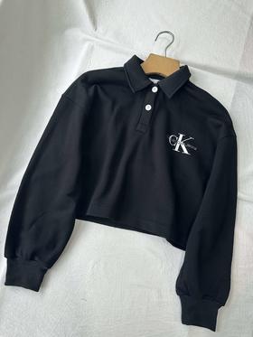 贝壳三 字母印花logo毛圈翻领卫衣辣妹短款宽松长袖上衣C120315